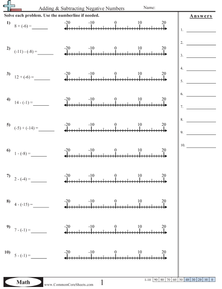 Negative Number Worksheets - Standard Form With Numberline worksheet